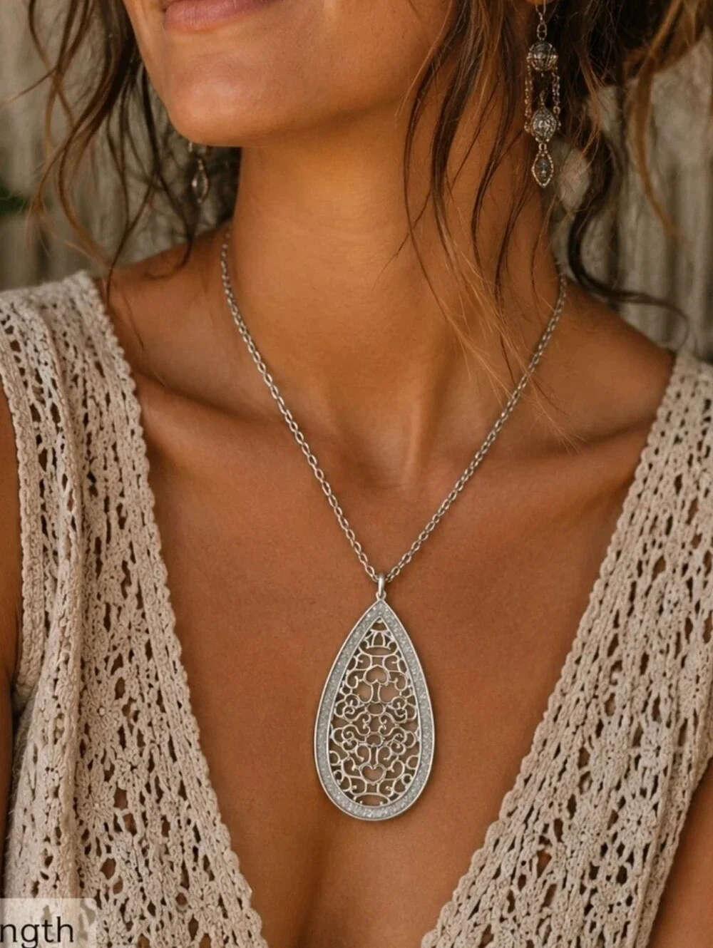 Silver Filigree Teardrop Pendant Necklace - Picture 2 of 4